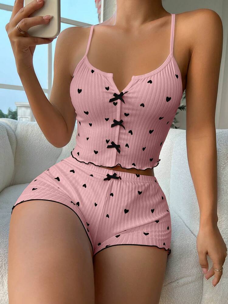 Women’s Heart Print Camisole & Shorts Pajama Set – Simple, Comfortable Daily Sleepwear