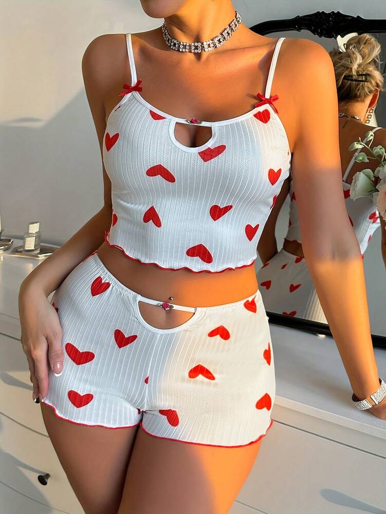 Women’s Heart Print Camisole & Striped Shorts Pajama Set – Comfortable Sleepwear for Vacation & Relaxation
