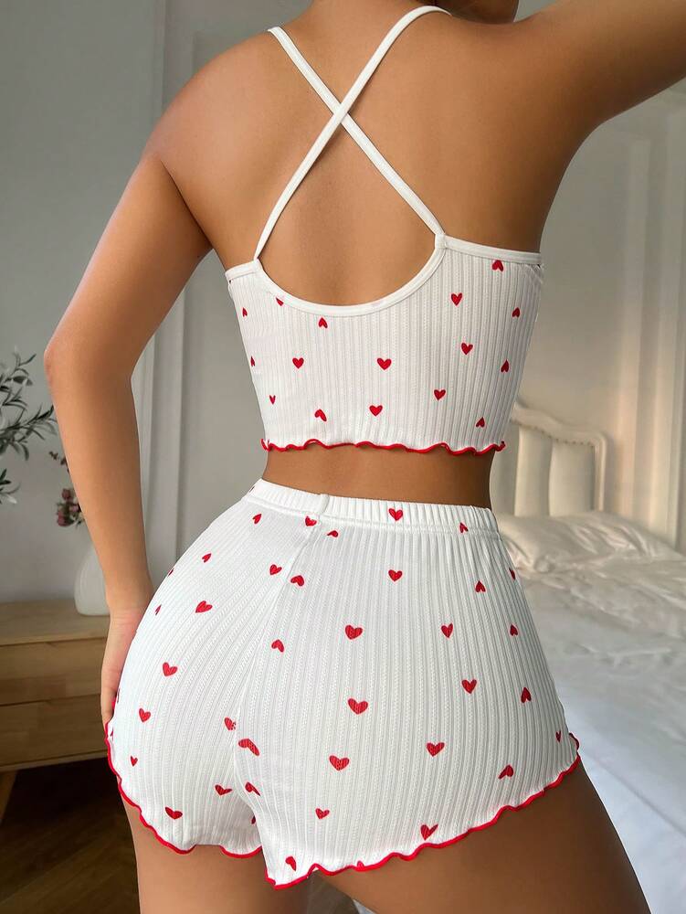 White Heart Print Pajama Set with Lettuce Trim & Bow Front – Cute Bow Tie Sleepwear for Women
