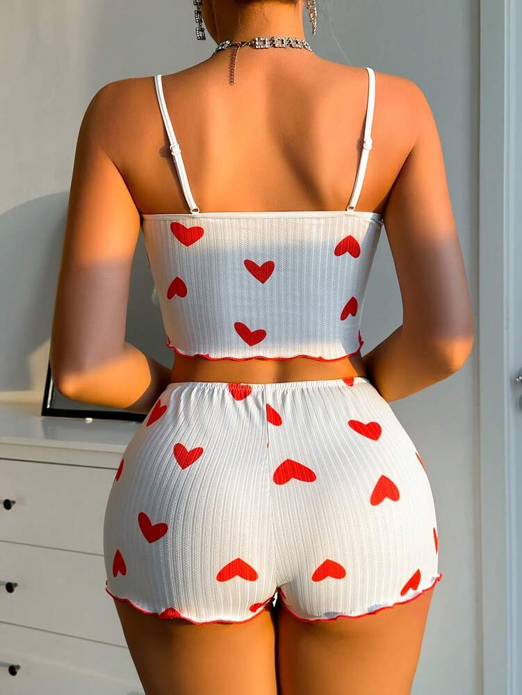 Women’s Heart Print Camisole & Striped Shorts Pajama Set – Comfortable Sleepwear for Vacation & Relaxation