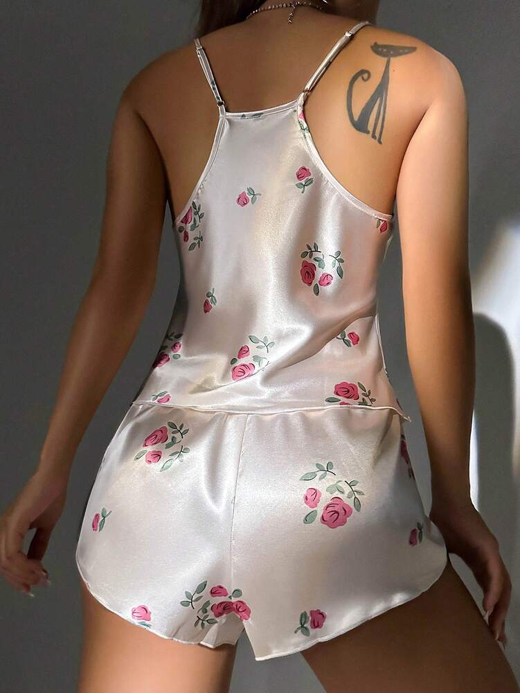 Floral Print Lace Trim Satin Cami Top & Shorts Pajama Set – Bridal Lingerie & Vacation Sleepwear