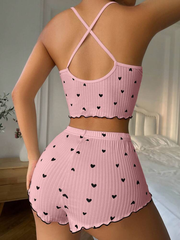 Women’s Heart Print Camisole & Shorts Pajama Set – Simple, Comfortable Daily Sleepwear