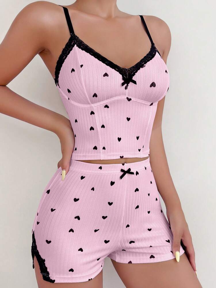 Heart Print Pajama Set with Contrast Lace & Bow Front – Cute and Cozy Cami Top & Shorts Sleepwear for Women