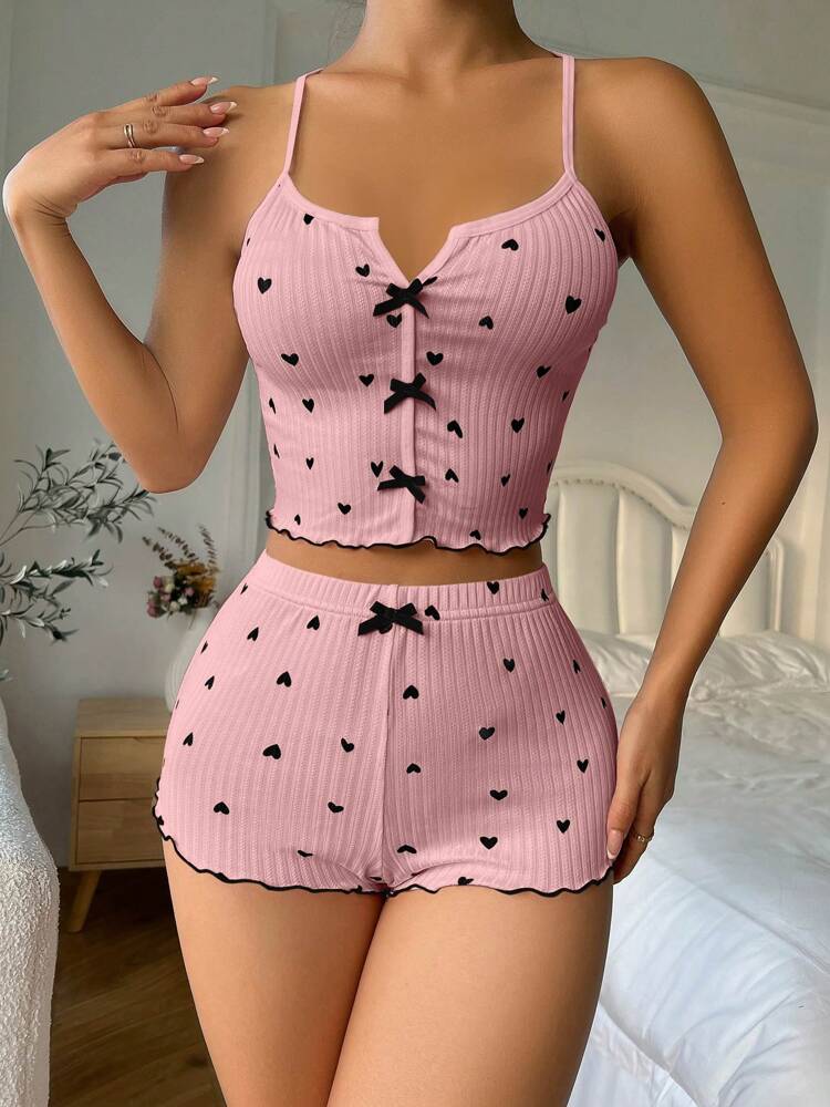 Women’s Heart Print Camisole & Shorts Pajama Set – Simple, Comfortable Daily Sleepwear
