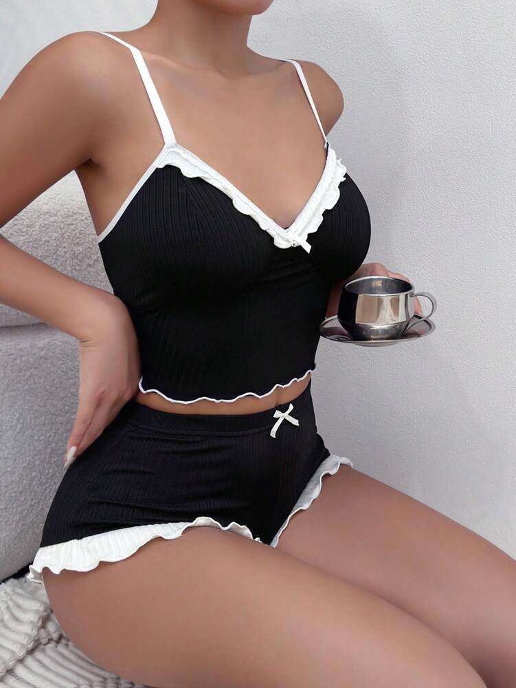 Lettuce Trim Cami Top & Bow Front Shorts Pajama Set – Cute & Cozy Sleepwear for Women, Perfect for Holiday Season
