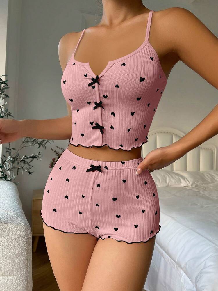 Women’s Heart Print Camisole & Shorts Pajama Set – Simple, Comfortable Daily Sleepwear