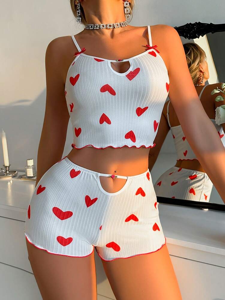 Women’s Heart Print Camisole & Striped Shorts Pajama Set – Comfortable Sleepwear for Vacation & Relaxation