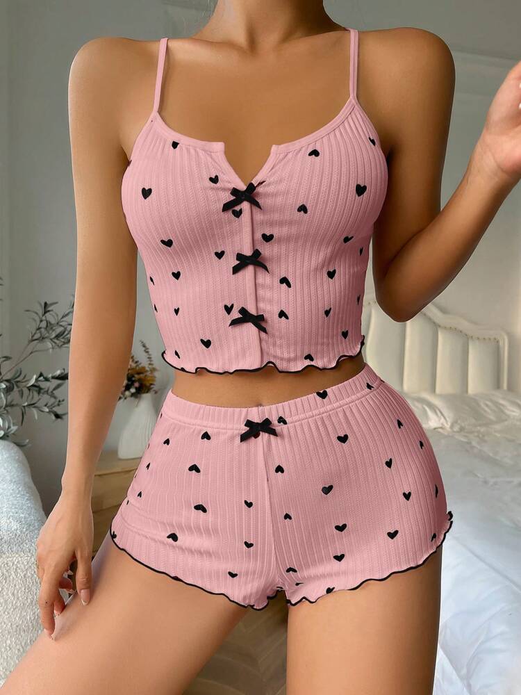 Women’s Heart Print Camisole & Shorts Pajama Set – Simple, Comfortable Daily Sleepwear