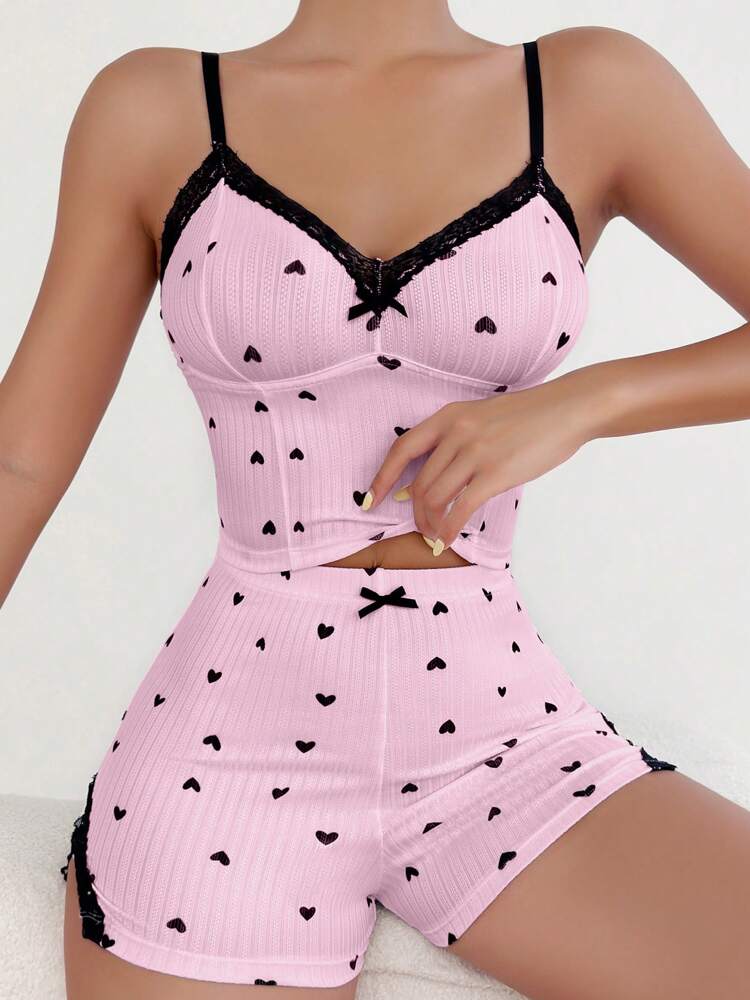 Heart Print Pajama Set with Contrast Lace & Bow Front – Cute and Cozy Cami Top & Shorts Sleepwear for Women