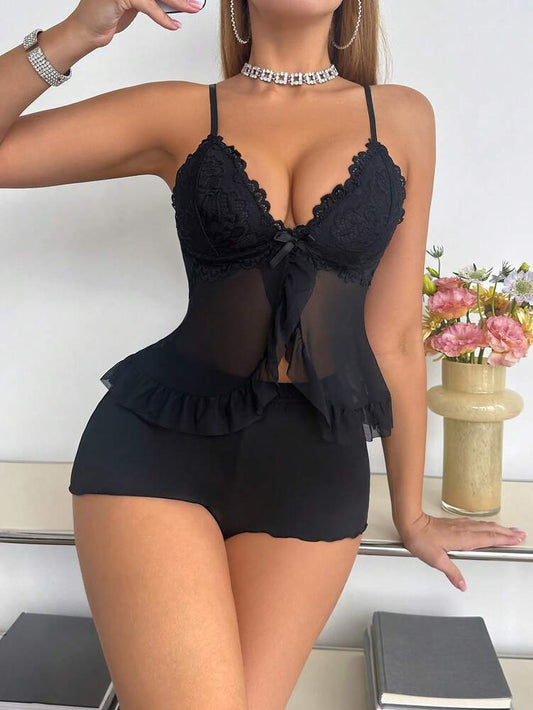 Summer Sexy Lace & Mesh Strap Shorts Sleepwear Set – Comfortable & Stylish Lingerie for Women