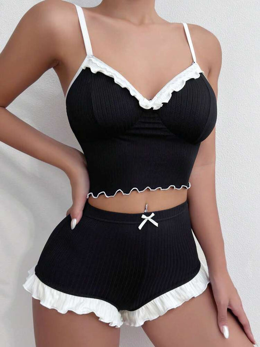 Lettuce Trim Cami Top & Bow Front Shorts Pajama Set – Cute & Cozy Sleepwear for Women, Perfect for Holiday Season