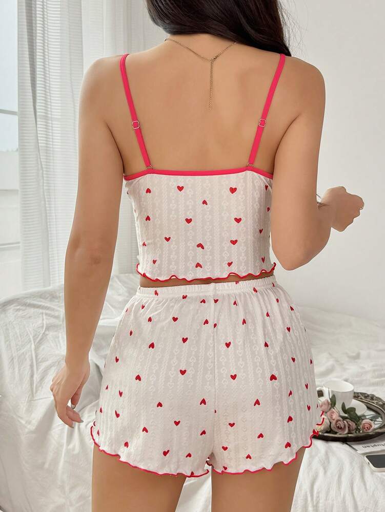 Contrast Color Bow Decor Jacquard Knit Heart Print Camisole & Shorts Pajama Set – Cute & Comfy Sleepwear
