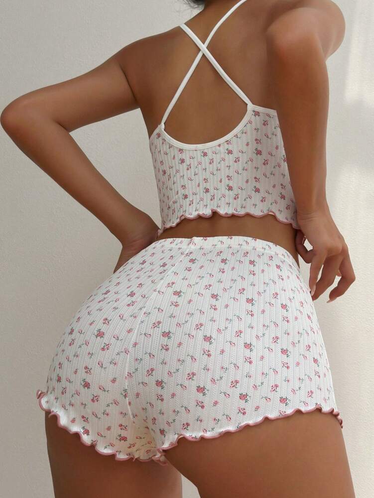 White Ditsy Floral Print Cami Top & Shorts Pajama Set with Lettuce Trim – Cute & Comfy Sleepwear for Women