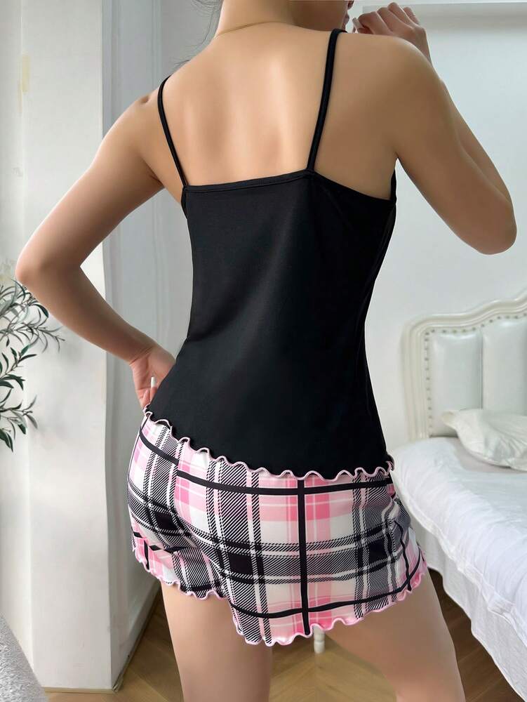 Heart & Letter Print Cami Top & Plaid Shorts Pajama Set – Cute & Comfy Sleepwear for Women