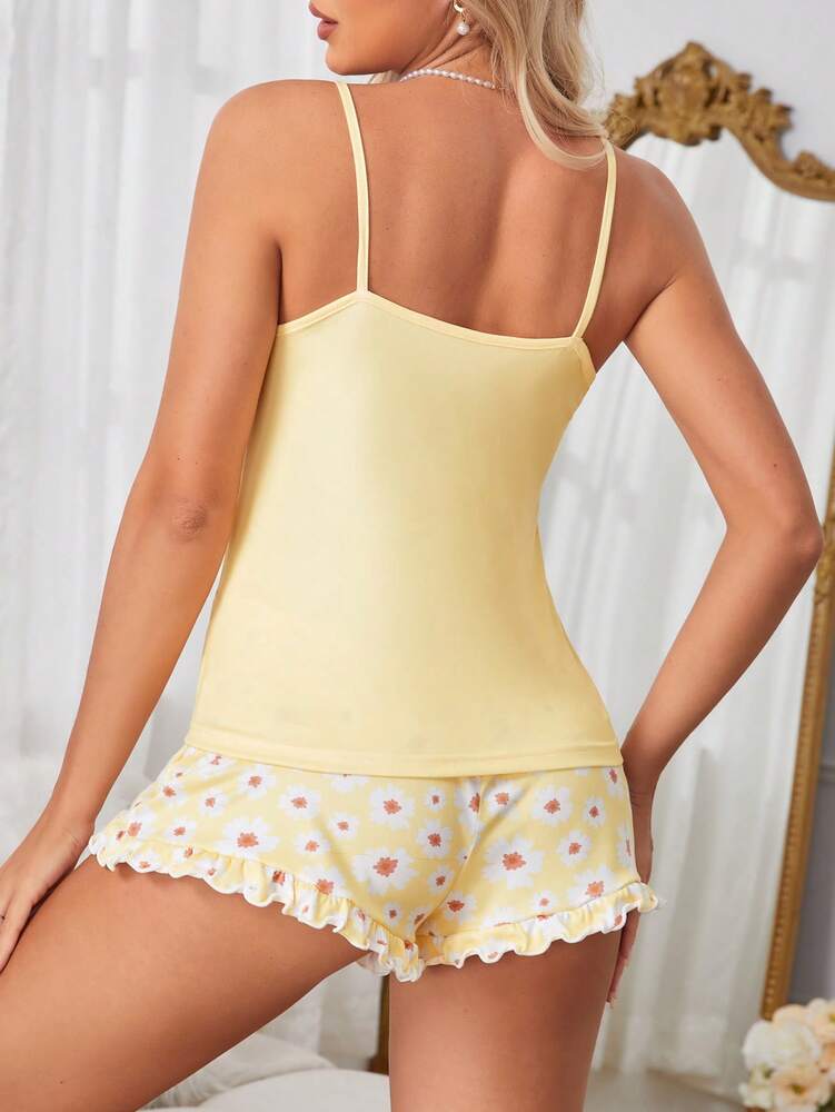 Women’s Solid Color Camisole & Floral Pattern Shorts Pajama Set – Cute & Comfy Sleepwear for Summer Nights