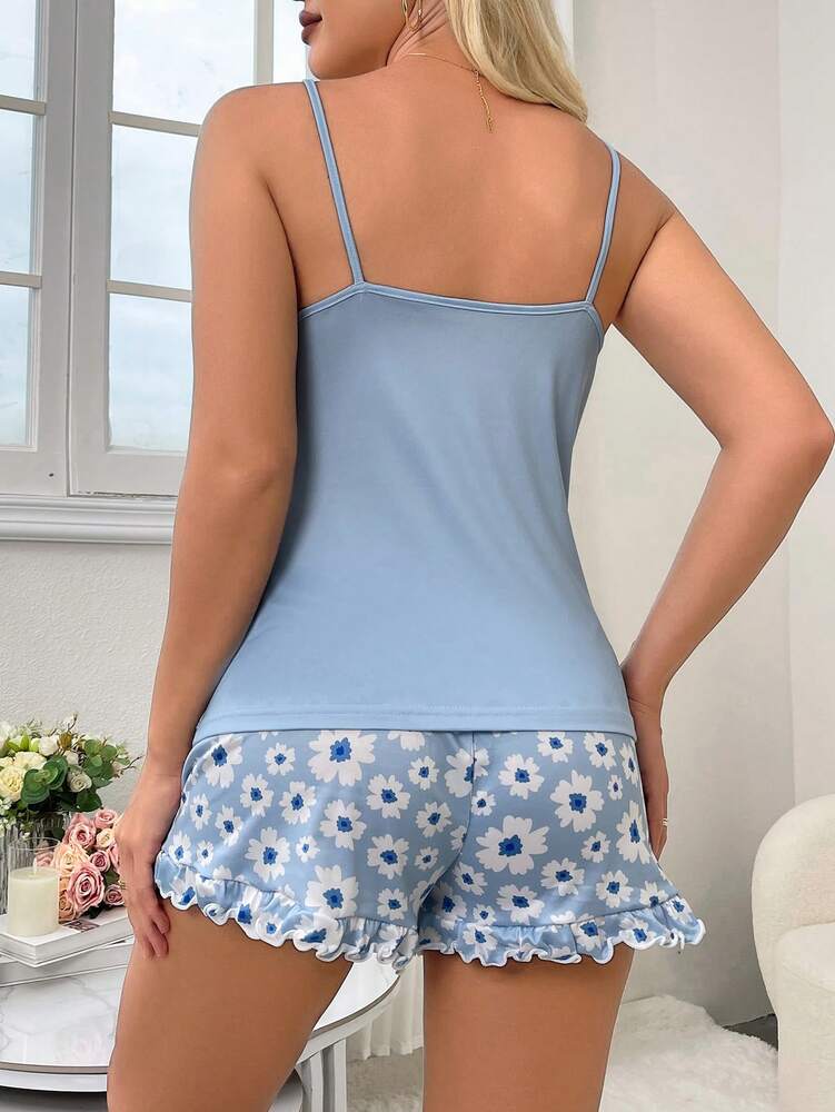 Women’s Summer Pajama Set – Solid Color Camisole & Floral Print Shorts, Lightweight & Comfy Sleepwear
