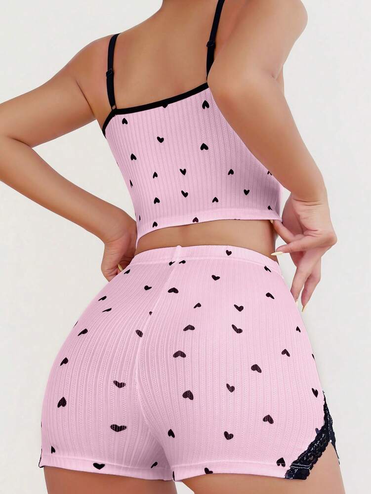 Heart Print Pajama Set with Contrast Lace & Bow Front – Cute and Cozy Cami Top & Shorts Sleepwear for Women