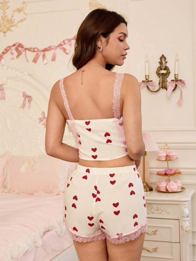 Heart & Powder Pink Bow Lace Patchwork Pajama Set – Skin-Friendly & Comfortable Sleepwear for Women