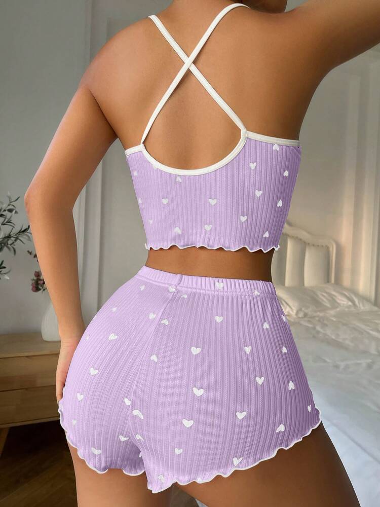 Heart Print Cami Top & Shorts Pajama Set with Bow Tie Decor – Cute & Comfortable Sleepwear for Women