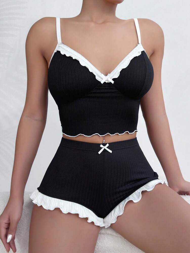 Lettuce Trim Cami Top & Bow Front Shorts Pajama Set – Cute & Cozy Sleepwear for Women, Perfect for Holiday Season
