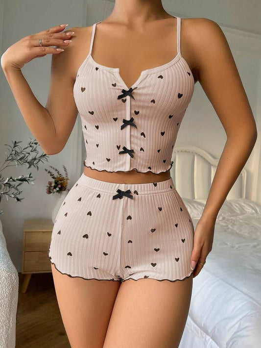 Heart Print Pajama Set with Bow Front & Lettuce Trim – Cute and Cozy Sleepwear for Women
