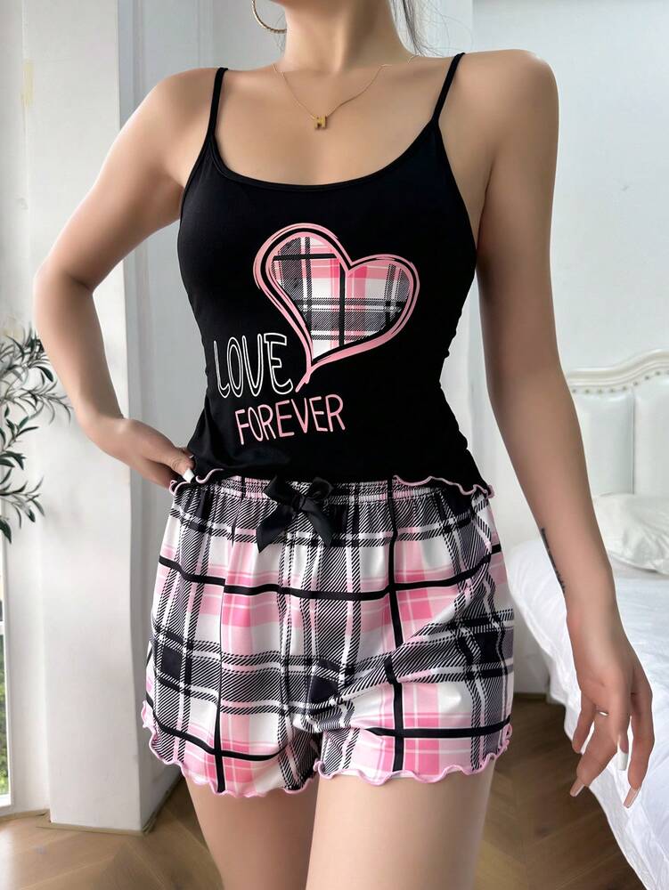 Heart & Letter Print Cami Top & Plaid Shorts Pajama Set – Cute & Comfy Sleepwear for Women