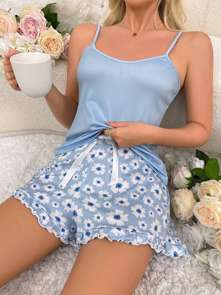 Women’s Summer Pajama Set – Solid Color Camisole & Floral Print Shorts, Lightweight & Comfy Sleepwear