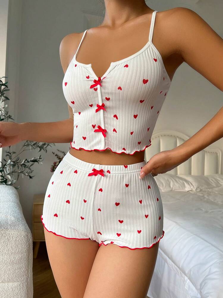 White Heart Print Pajama Set with Lettuce Trim & Bow Front – Cute Bow Tie Sleepwear for Women