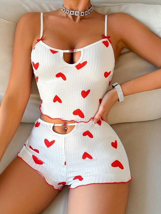 Women’s Heart Print Camisole & Striped Shorts Pajama Set – Comfortable Sleepwear for Vacation & Relaxation