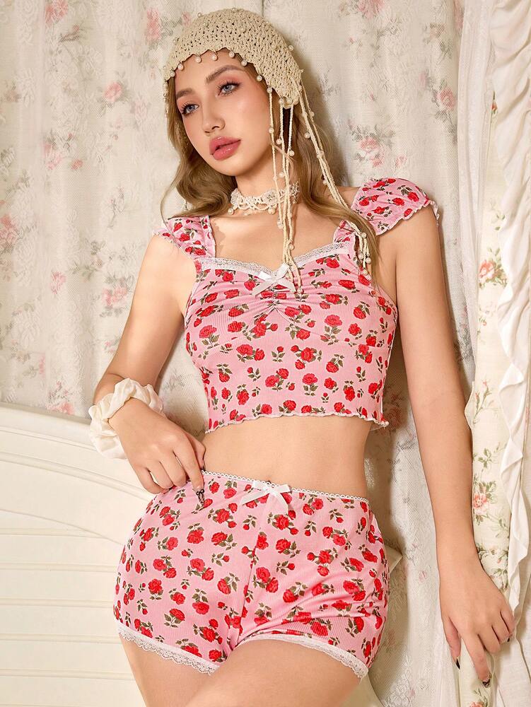 Women’s Romantic Ditsy Floral Lace Trim Pajama Set – Ruched Short Sleeve Top & Shorts Sleepwear