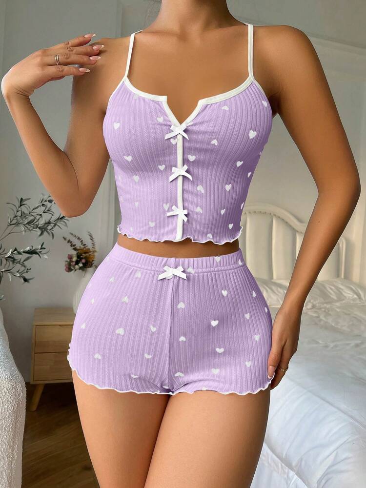 Heart Print Cami Top & Shorts Pajama Set with Bow Tie Decor – Cute & Comfortable Sleepwear for Women
