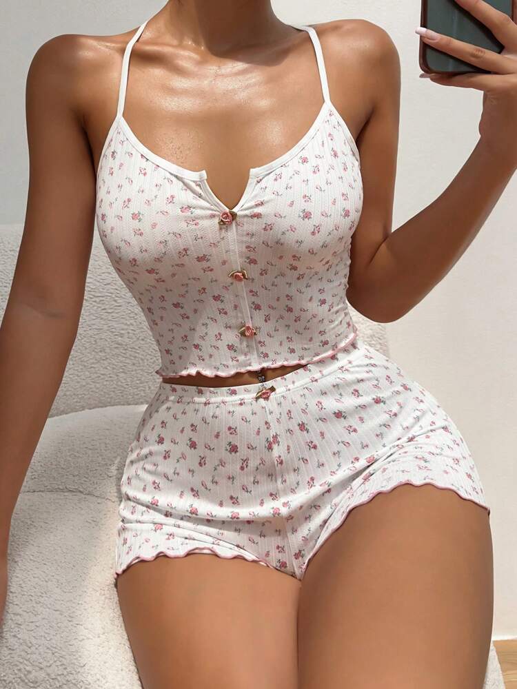 White Ditsy Floral Print Cami Top & Shorts Pajama Set with Lettuce Trim – Cute & Comfy Sleepwear for Women