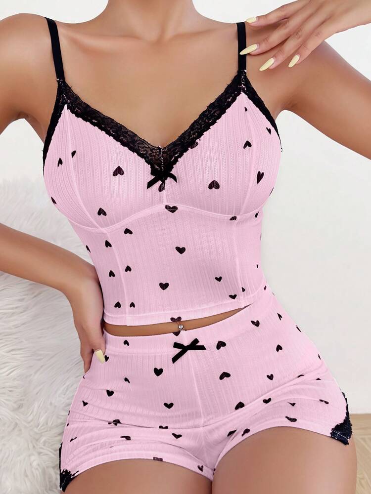 Heart Print Pajama Set with Contrast Lace & Bow Front – Cute and Cozy Cami Top & Shorts Sleepwear for Women