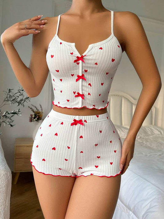 White Heart Print Pajama Set with Lettuce Trim & Bow Front – Cute Bow Tie Sleepwear for Women