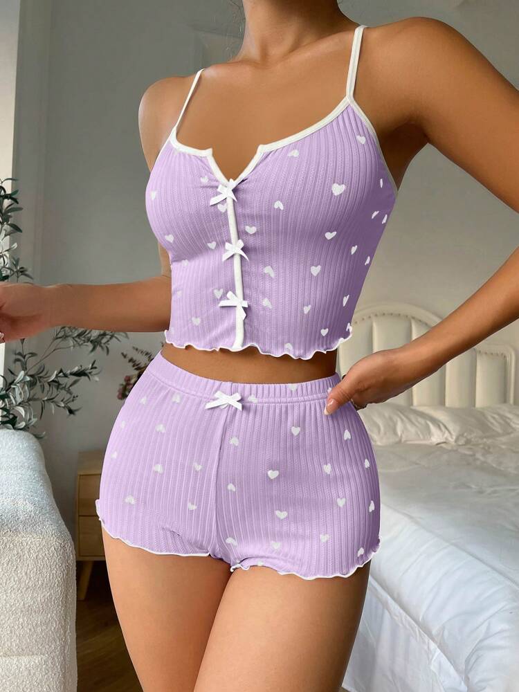 Heart Print Cami Top & Shorts Pajama Set with Bow Tie Decor – Cute & Comfortable Sleepwear for Women