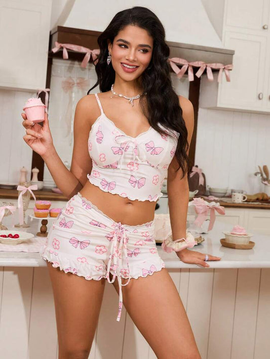 Bow Print Lace Trim Camisole Pajama Set for Women – Cute & Comfortable Sleepwear
