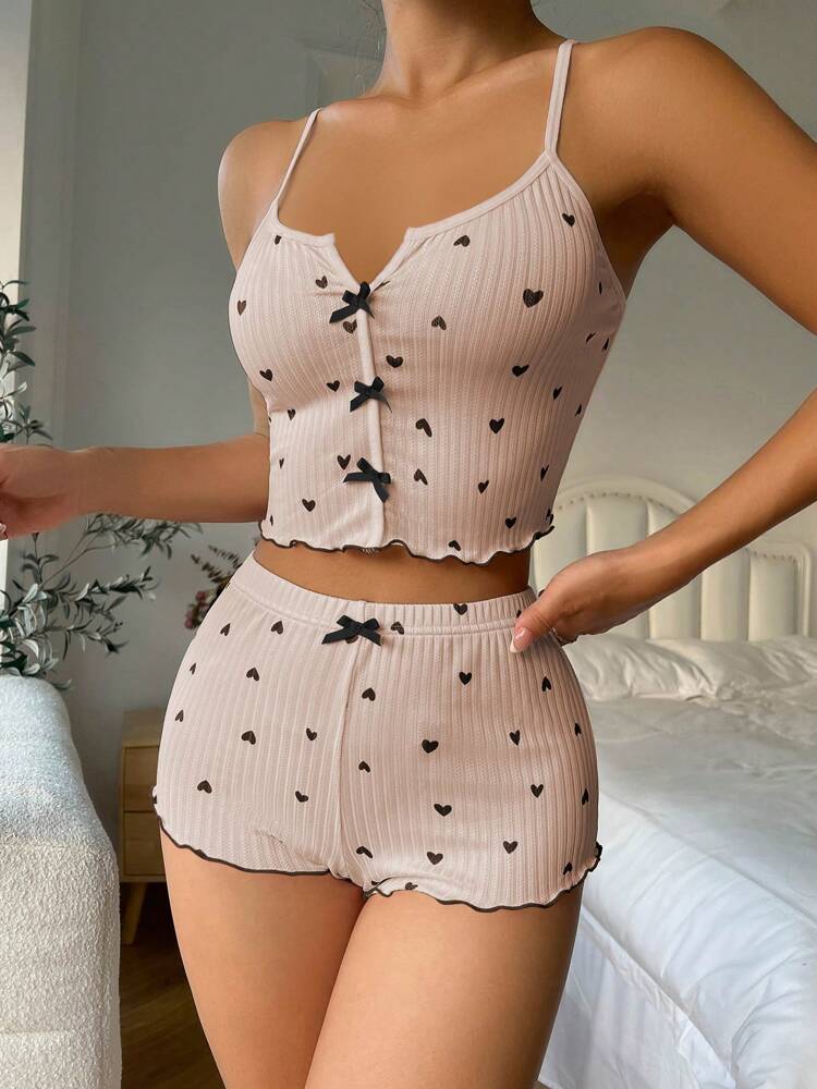 Heart Print Pajama Set with Bow Front & Lettuce Trim – Cute and Cozy Sleepwear for Women