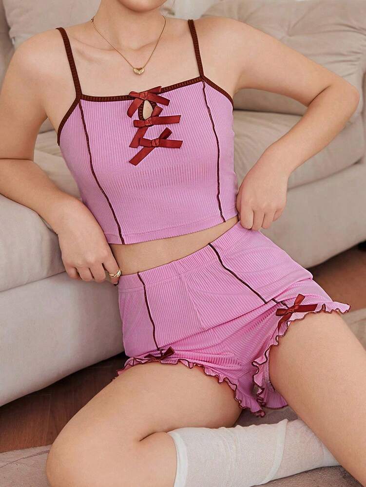 Women’s Bow Decor Contrast Trim Knit Cami & Shorts Sleepwear Set – Cute & Comfy Pajama Set