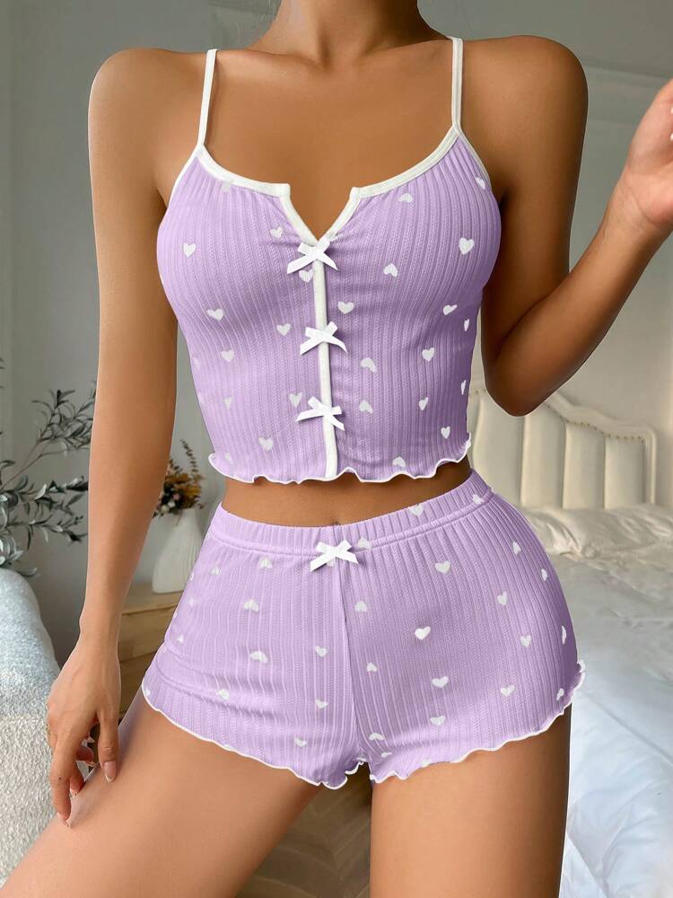 Heart Print Cami Top & Shorts Pajama Set with Bow Tie Decor – Cute & Comfortable Sleepwear for Women