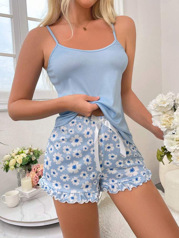 Women’s Summer Pajama Set – Solid Color Camisole & Floral Print Shorts, Lightweight & Comfy Sleepwear