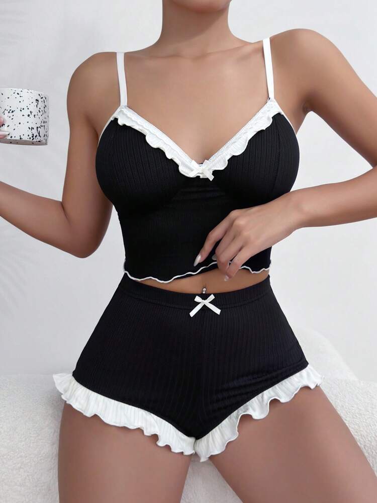 Lettuce Trim Cami Top & Bow Front Shorts Pajama Set – Cute & Cozy Sleepwear for Women, Perfect for Holiday Season