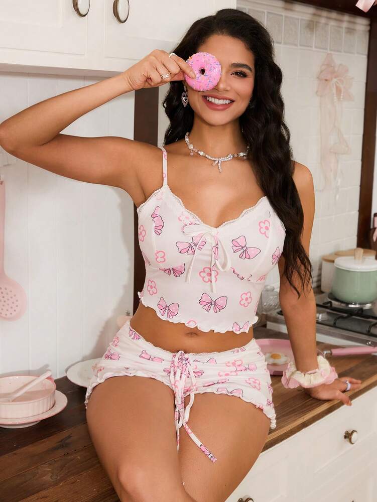 Bow Print Lace Trim Camisole Pajama Set for Women – Cute & Comfortable Sleepwear