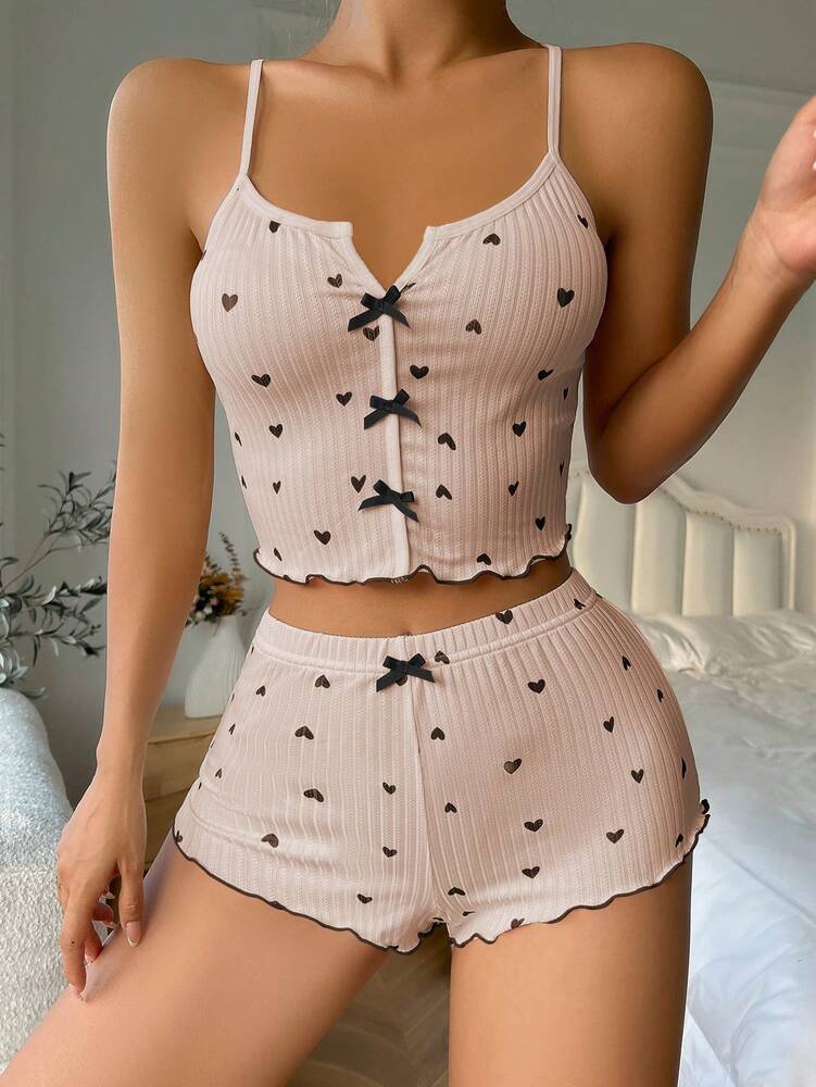 Heart Print Pajama Set with Bow Front & Lettuce Trim – Cute and Cozy Sleepwear for Women