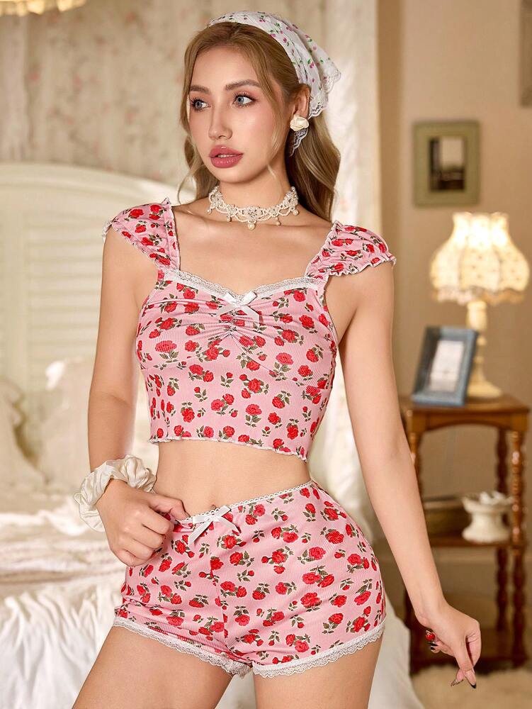 Women’s Romantic Ditsy Floral Lace Trim Pajama Set – Ruched Short Sleeve Top & Shorts Sleepwear