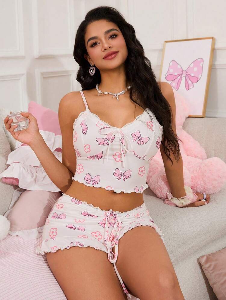 Bow Print Lace Trim Camisole Pajama Set for Women – Cute & Comfortable Sleepwear