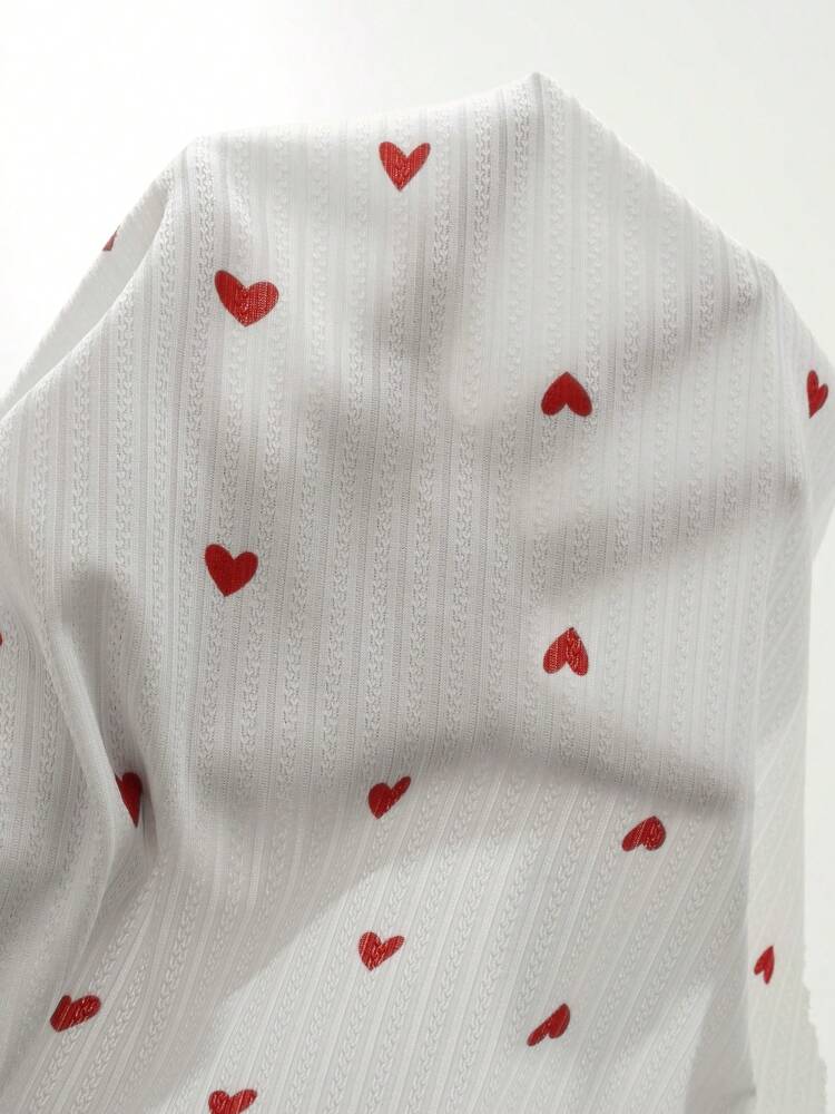 White Heart Print Pajama Set with Lettuce Trim & Bow Front – Cute Bow Tie Sleepwear for Women